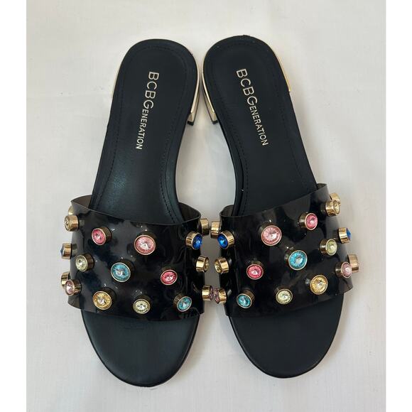 BCBGeneration women's Black Slide On Muti Color Jeweled Sandal Size 6 - Picture 2 of 4